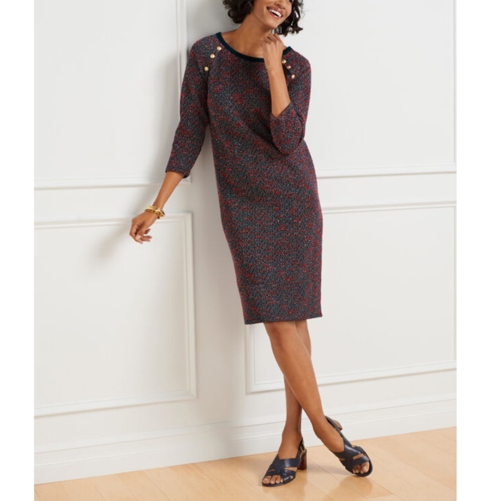 TALBOTS WOMENS BUTTON LONG SLEEVE TWEED SHIFT DRESS SIZE LP